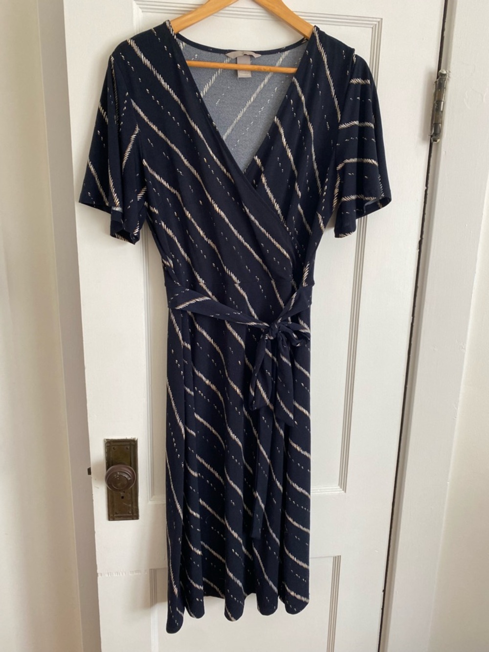 H&M Navy Wrap Midi Dress with Cream Stripes